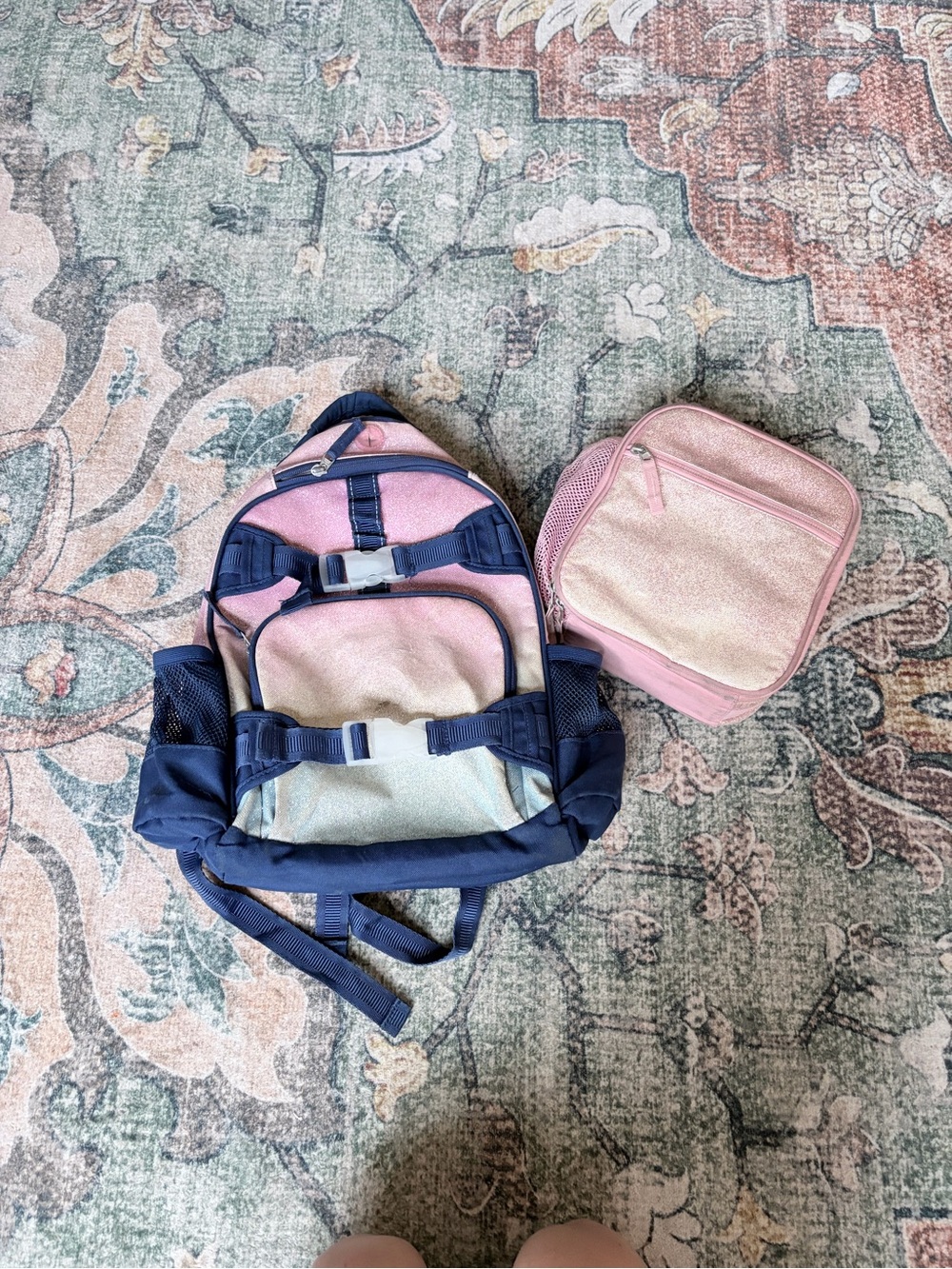 Pottery Barn Kids McKenzie small Ombre glitter Backpack with Glitter Lunch Box